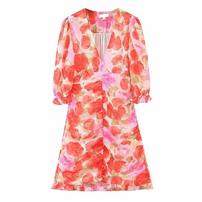 OEM maufactory  Oil Painting Rose Printed Pleated V Neck Polyester Short Sleeve Dress